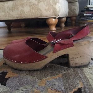 Vintage Red Leather Wooden Clogs Handmade Sz. 40
